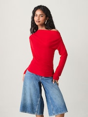 Red Off Shoulder Long Sleeve Drape Jersey Top - Image 2 of 4