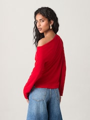 Red Off Shoulder Long Sleeve Drape Jersey Top - Image 3 of 4