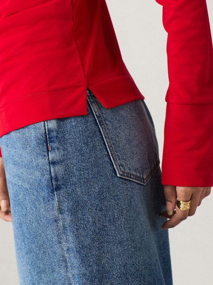 Red Off Shoulder Long Sleeve Drape Jersey Top - Image 4 of 4