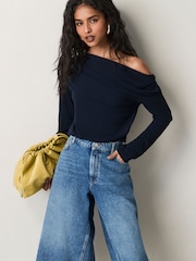 Navy Off Shoulder Long Sleeve Drape Jersey Top - Image 1 of 6