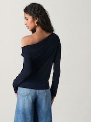 Navy Off Shoulder Long Sleeve Drape Jersey Top - Image 2 of 6
