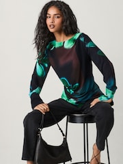 Black/Green Floral Print Long Sleeve Ruched Detail Blouse - Image 1 of 5