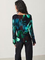 Black/Green Floral Print Long Sleeve Ruched Detail Blouse - Image 3 of 5