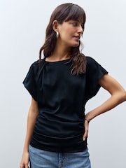 Navy Satin Ruched Short Sleeve Top - Image 1 of 6