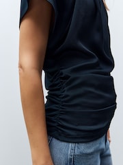 Navy Satin Ruched Short Sleeve Top - Image 5 of 6