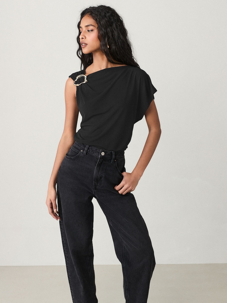 Black Asymetric Drape Hardware Top - Image 2 of 7