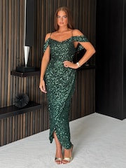 Girl In Mind Green Camila Cold Shoulder Wrap Midi Dress - Image 3 of 4