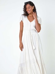 Dusk White Button Front Shimmer Stripe Maxi Dress - Image 1 of 5