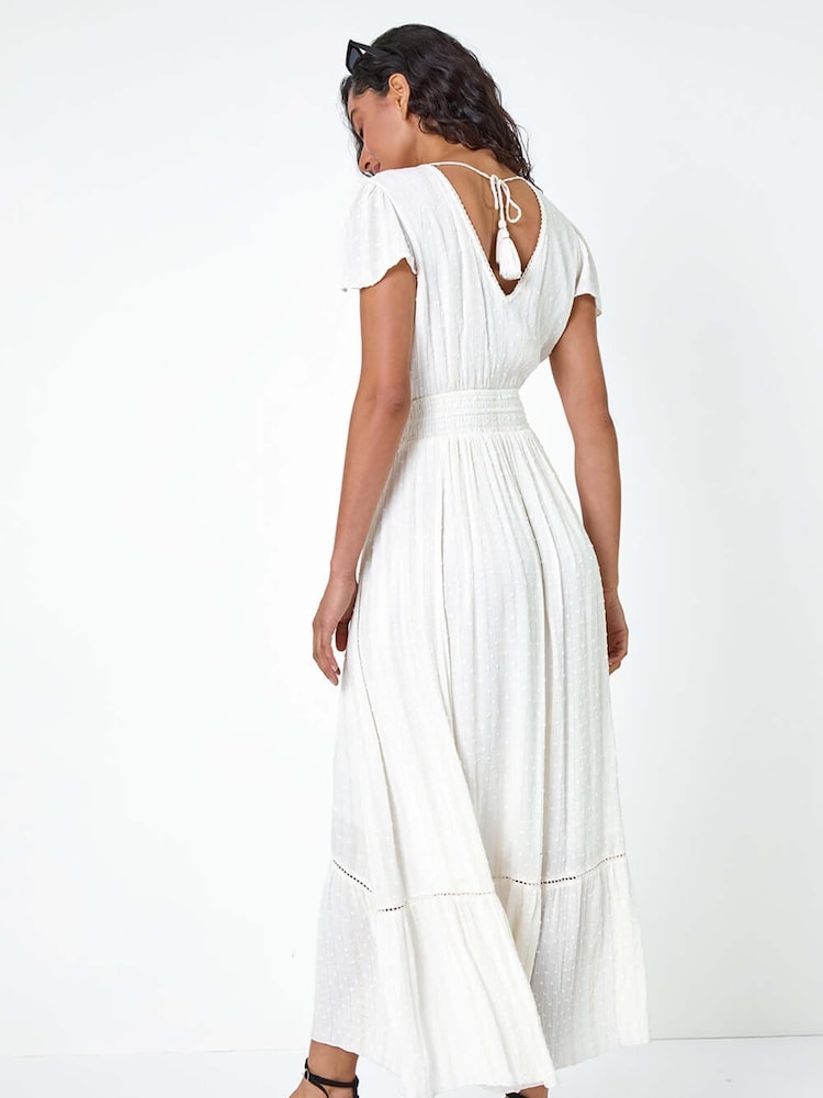 Dusk White Button Front Shimmer Stripe Maxi Dress - Image 2 of 5