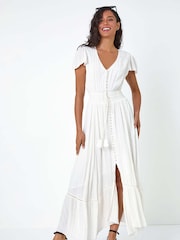 Dusk White Button Front Shimmer Stripe Maxi Dress - Image 3 of 5