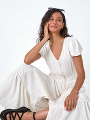 Dusk White Button Front Shimmer Stripe Maxi Dress - Image 4 of 5