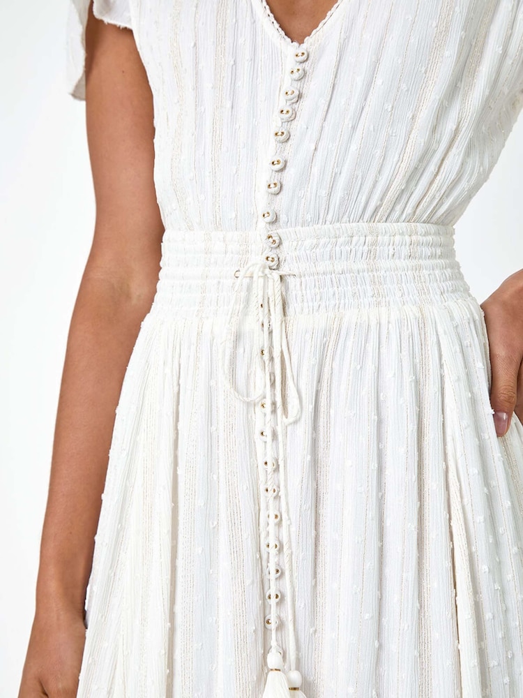 Dusk White Button Front Shimmer Stripe Maxi Dress - Image 5 of 5