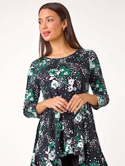Roman Green Floral Hanky Hem Stretch Tunic Top - Image 1 of 5