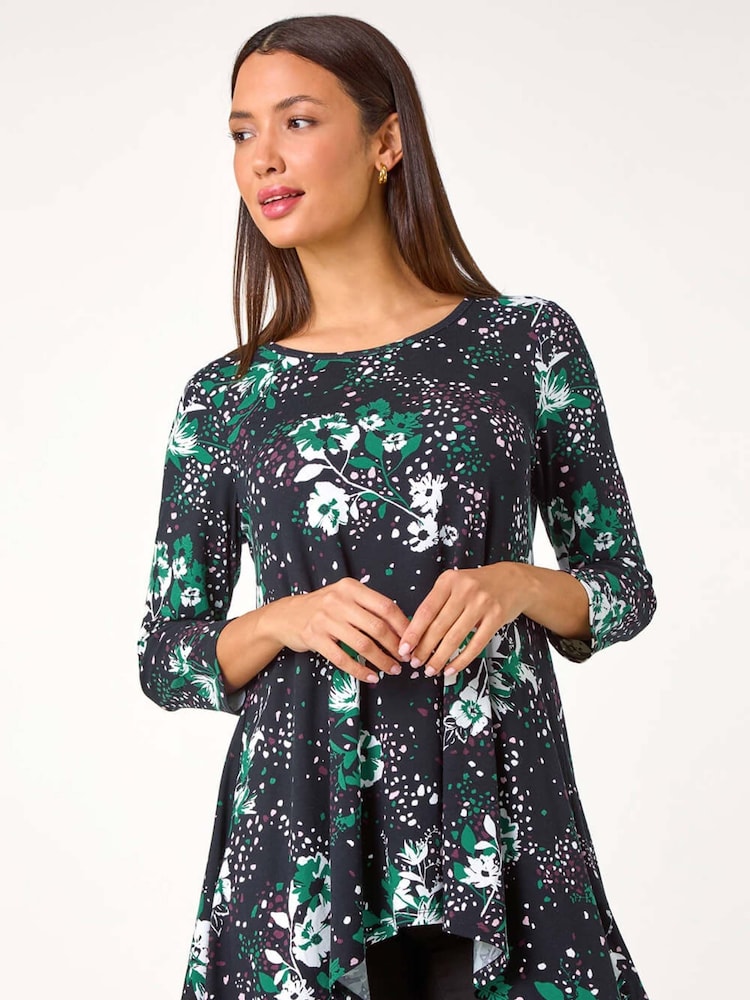 Roman Green Floral Hanky Hem Stretch Tunic Top - Image 1 of 5