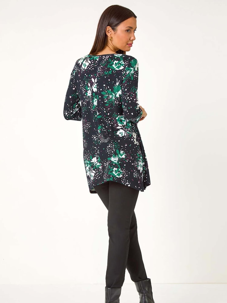 Roman Green Floral Hanky Hem Stretch Tunic Top - Image 2 of 5