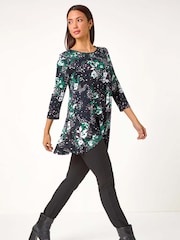 Roman Green Floral Hanky Hem Stretch Tunic Top - Image 3 of 5