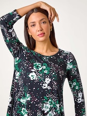 Roman Green Floral Hanky Hem Stretch Tunic Top - Image 4 of 5