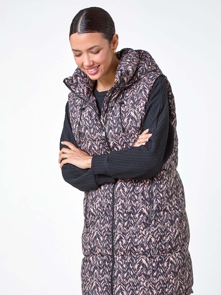 Roman Black Chevron Print Longline Hooded Gilet - Image 1 of 6