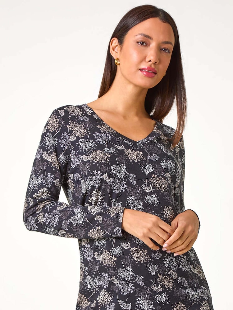 Roman Grey Floral Print Relaxed Stretch Top - Image 1 of 5