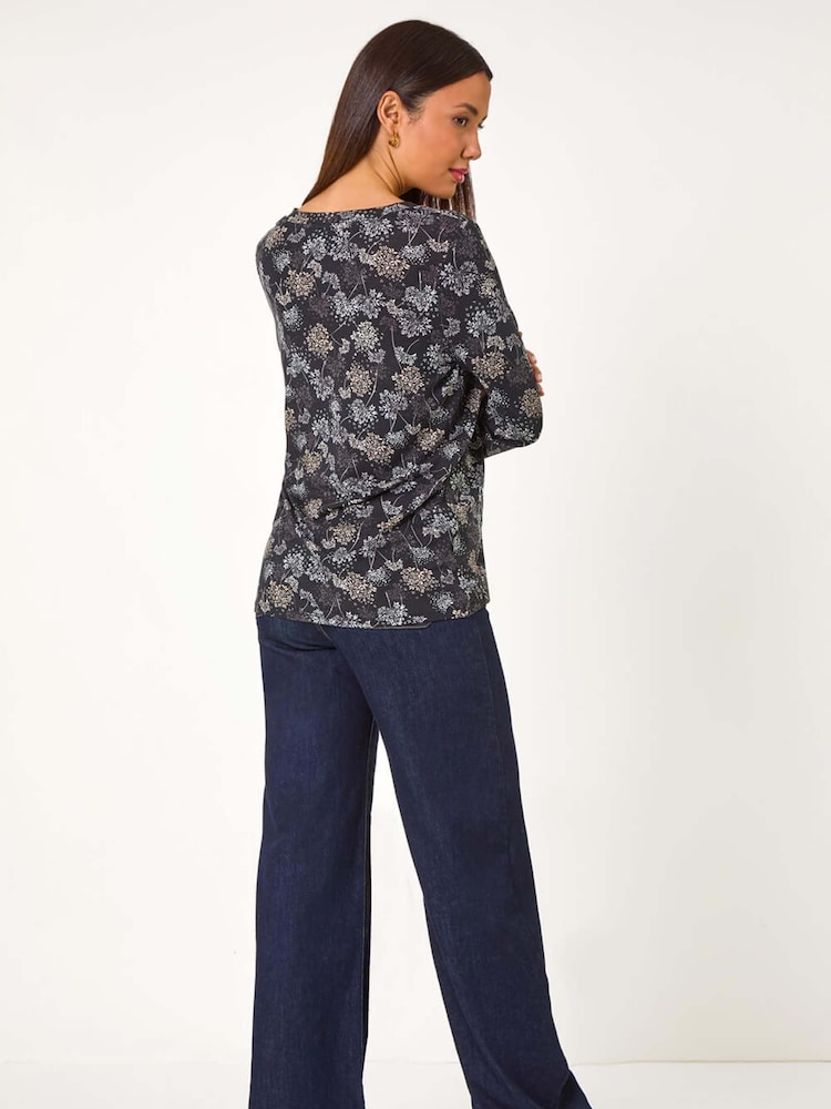 Roman Grey Floral Print Relaxed Stretch Top - Image 2 of 5