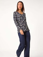 Roman Grey Floral Print Relaxed Stretch Top - Image 3 of 5