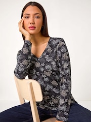 Roman Grey Floral Print Relaxed Stretch Top - Image 4 of 5