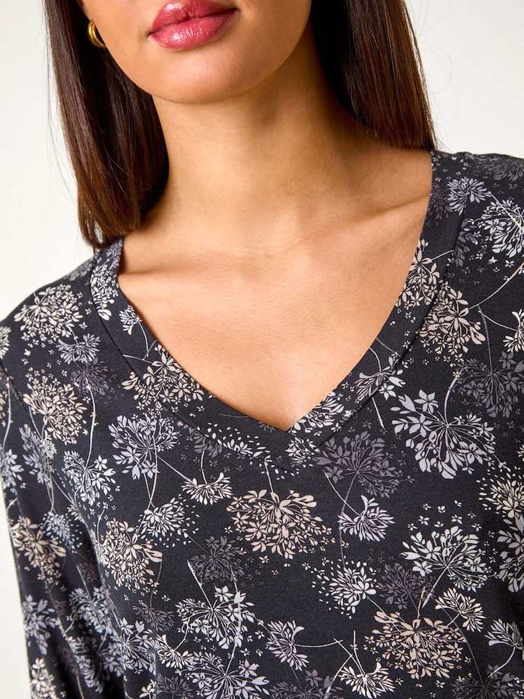 Roman Grey Floral Print Relaxed Stretch Top - Image 5 of 5