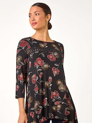 Roman Red Floral Print Lace Trim Stretch Top - Image 1 of 5