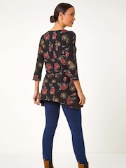 Roman Red Floral Print Lace Trim Stretch Top - Image 2 of 5
