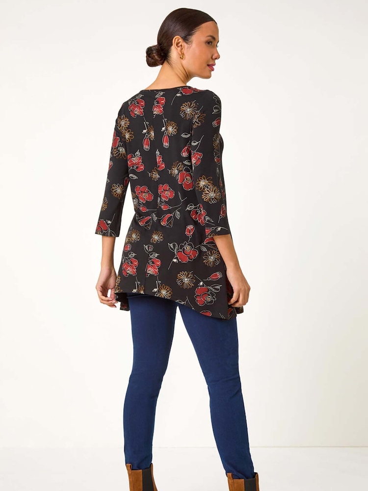 Roman Red Floral Print Lace Trim Stretch Top - Image 2 of 5