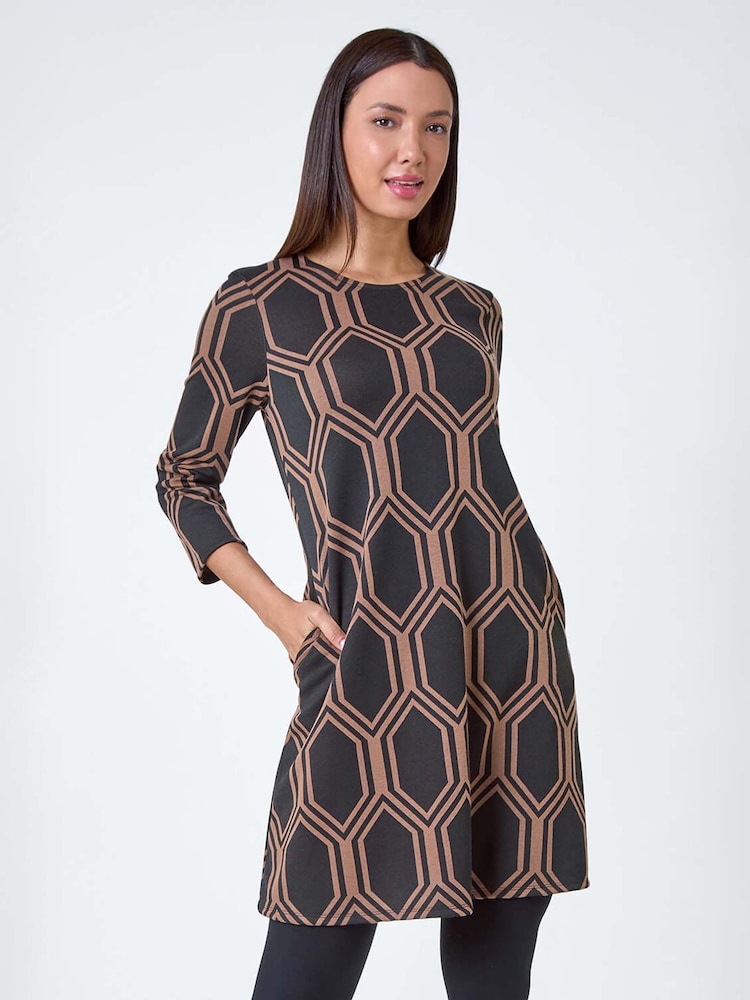 Roman Brown Geometric Jacquard Stretch Dress - Image 1 of 5
