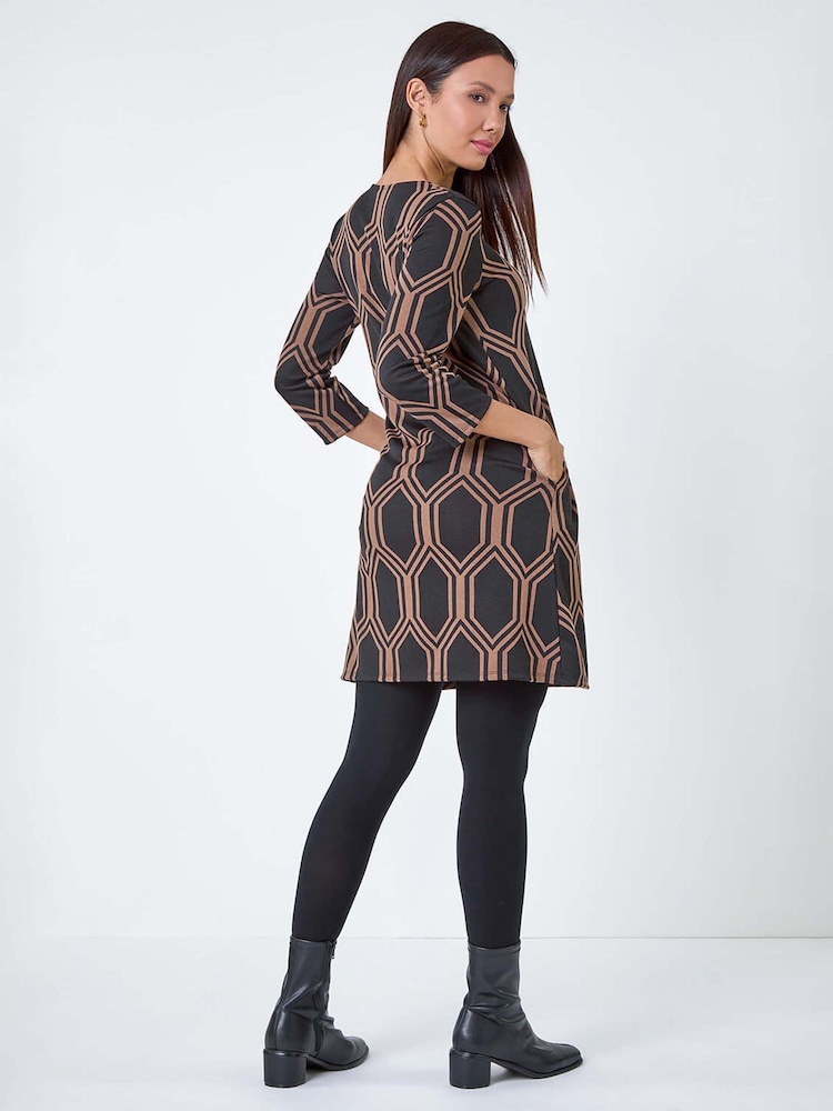 Roman Brown Geometric Jacquard Stretch Dress - Image 2 of 5