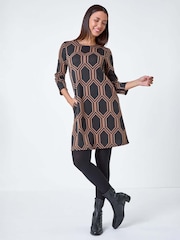 Roman Brown Geometric Jacquard Stretch Dress - Image 3 of 5