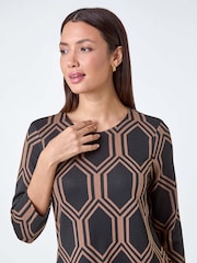 Roman Brown Geometric Jacquard Stretch Dress - Image 4 of 5