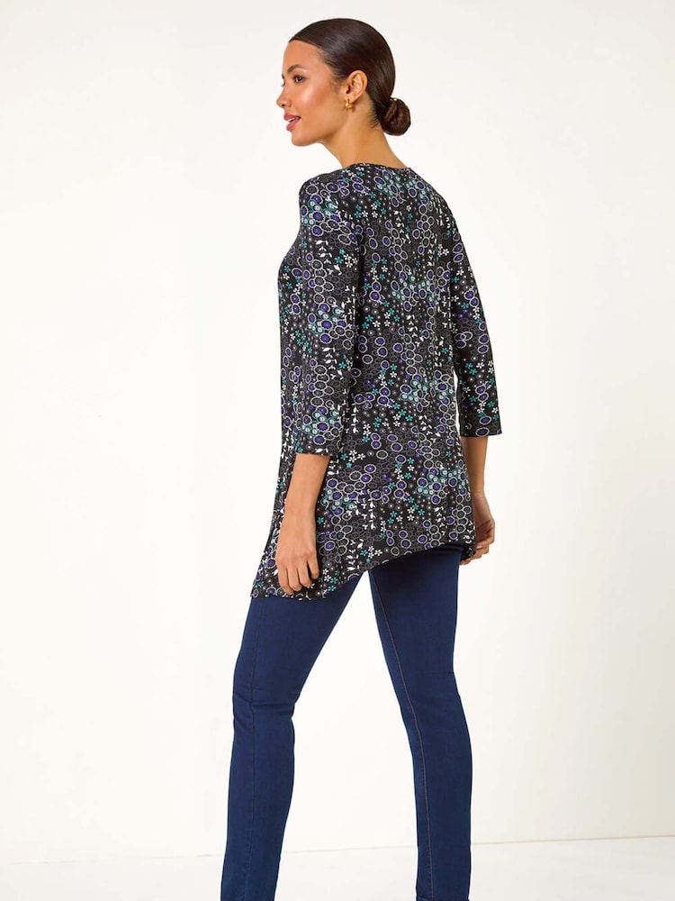 Roman Blue Abstract Circle Print Cutout Tunic Top - Image 2 of 5 Roman Blue Abstract Circle Print Cutout Tunic Top - Image 2 of 5