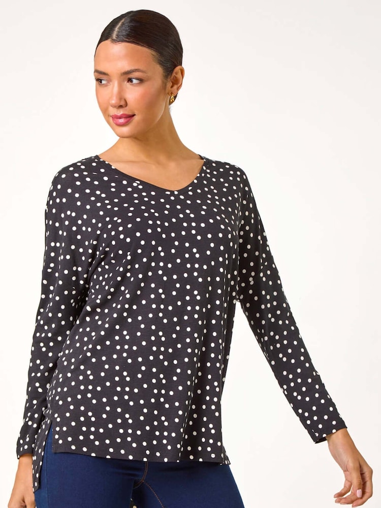 Roman Black Spot Print Stretch Tunic Top - Image 1 of 5
