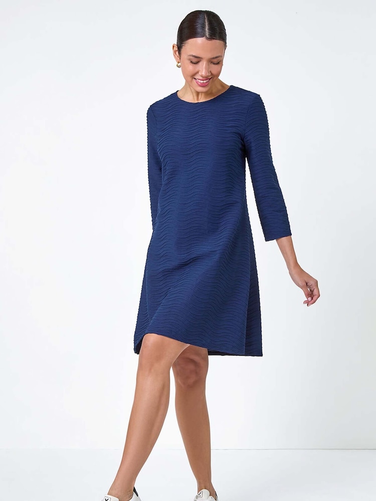 Roman Blue Textured A-Line Stretch Dress - Image 2 of 5