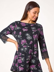 Roman Purple Floral Print Lace Detail Stretch Top - Image 1 of 5