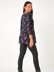 Roman Purple Floral Print Lace Detail Stretch Top - Image 2 of 5