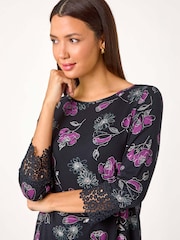 Roman Purple Floral Print Lace Detail Stretch Top - Image 3 of 5
