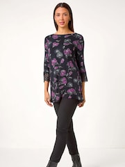 Roman Purple Floral Print Lace Detail Stretch Top - Image 4 of 5