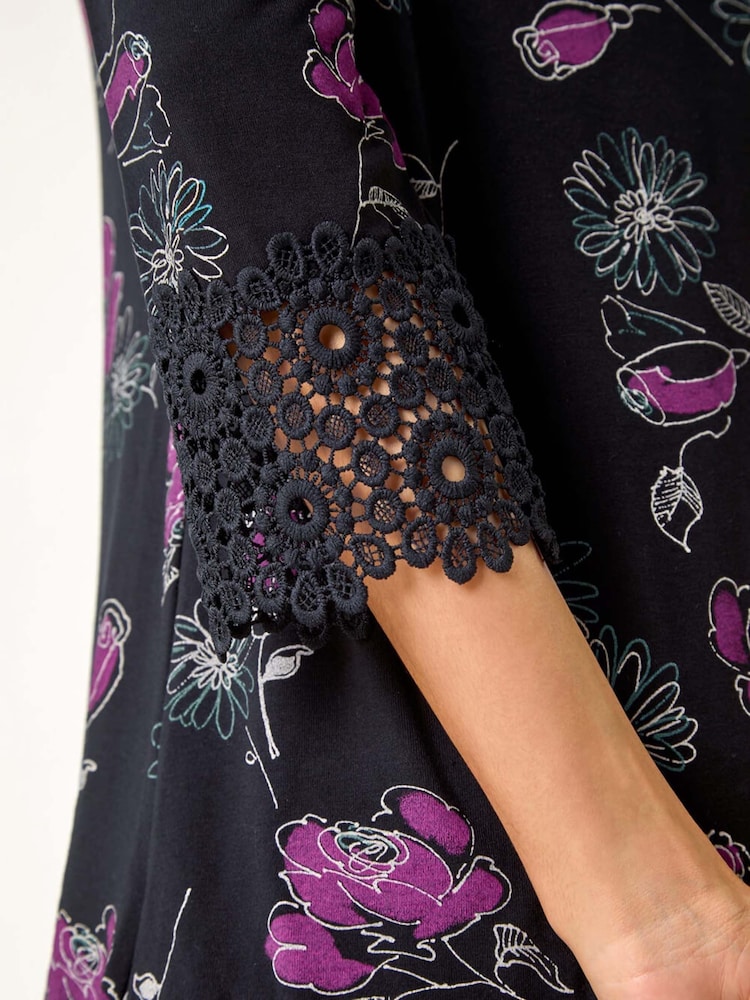 Roman Purple Floral Print Lace Detail Stretch Top - Image 5 of 5