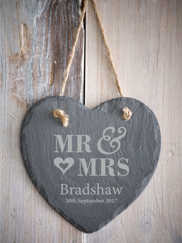 Loveabode Grey Personalised Mr & Mrs Hanging Slate Heart Hanging Art - Image 1 of 4