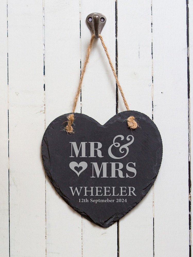 Loveabode Grey Personalised Mr & Mrs Hanging Slate Heart Hanging Art - Image 2 of 4