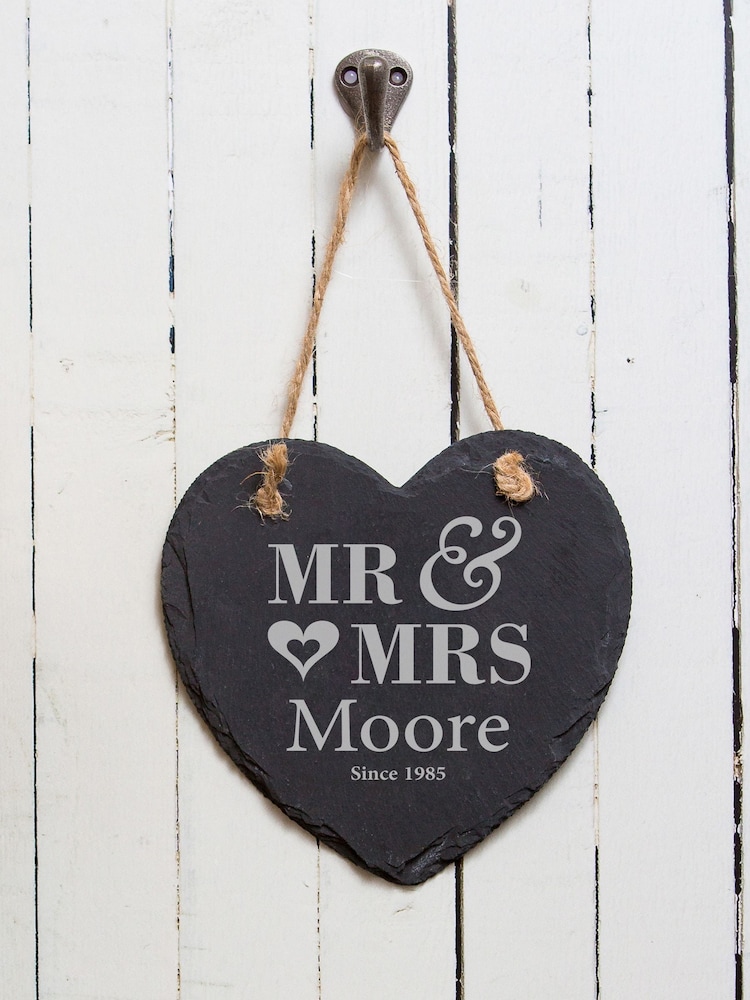 Loveabode Grey Personalised Mr & Mrs Hanging Slate Heart Hanging Art - Image 4 of 4