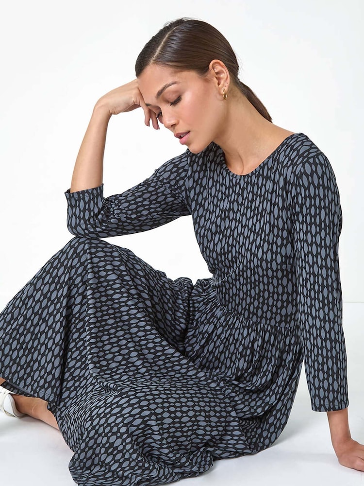 Roman Grey Geometric Pocket Stretch Midi Dress - Image 2 of 5