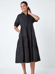 Roman Black Plain 100% Cotton Tiered Midi Shirt Dress - Image 1 of 5