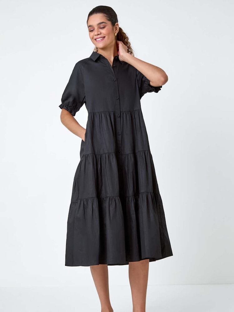 Roman Black Plain 100% Cotton Tiered Midi Shirt Dress - Image 1 of 5