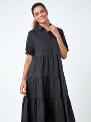 Roman Black Plain 100% Cotton Tiered Midi Shirt Dress - Image 2 of 5
