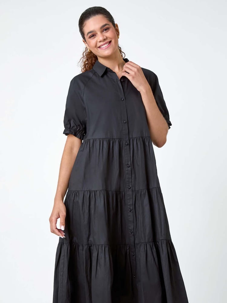 Roman Black Plain 100% Cotton Tiered Midi Shirt Dress - Image 2 of 5